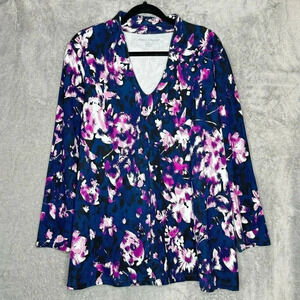 Jessica London 22 24 2X Shirt Top Blue Floral Long Sleeve V Neck Stretch